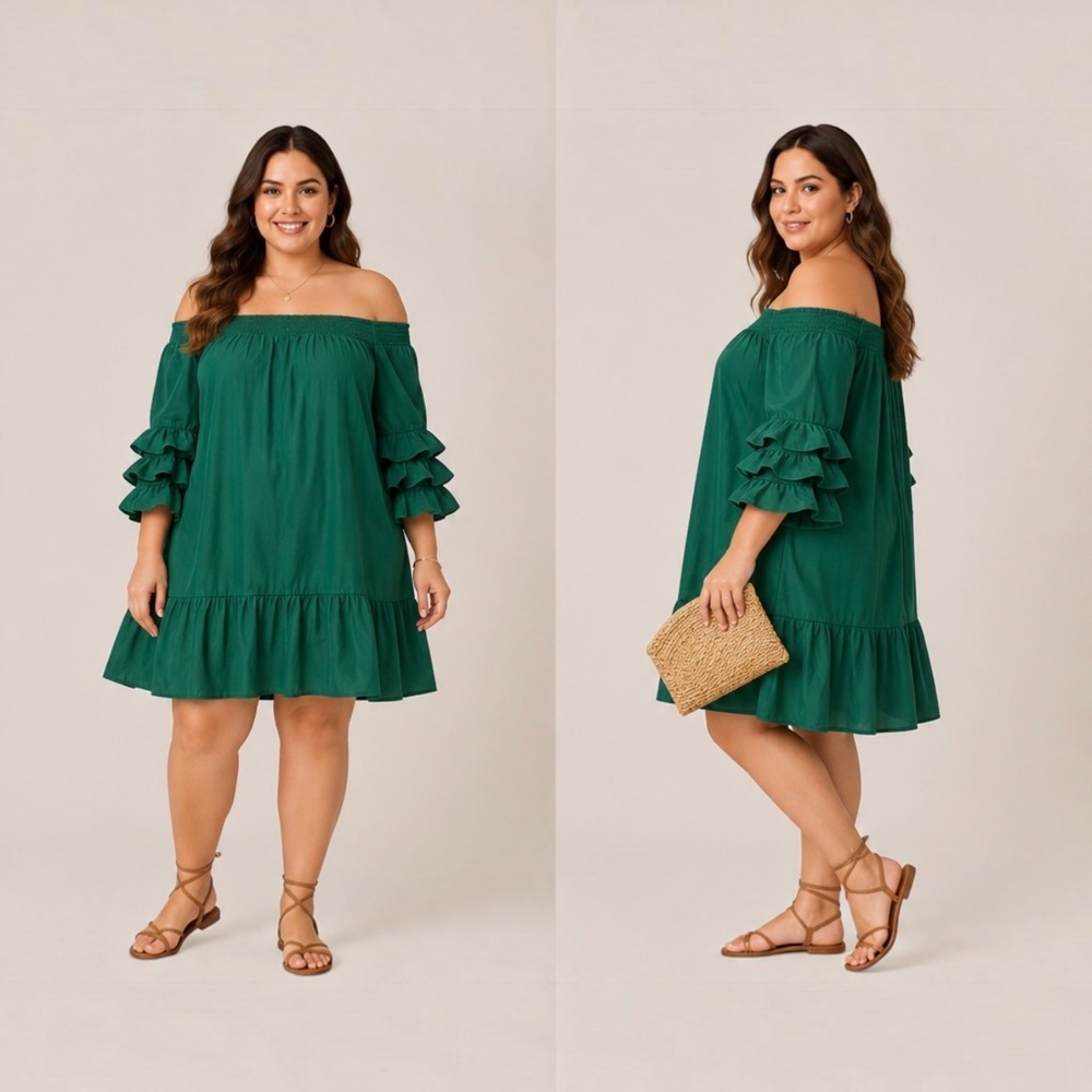 Zanzea Collection XXL Emerald Green Offshoulder Ruffle Tiered Sleeve Dress Flowy